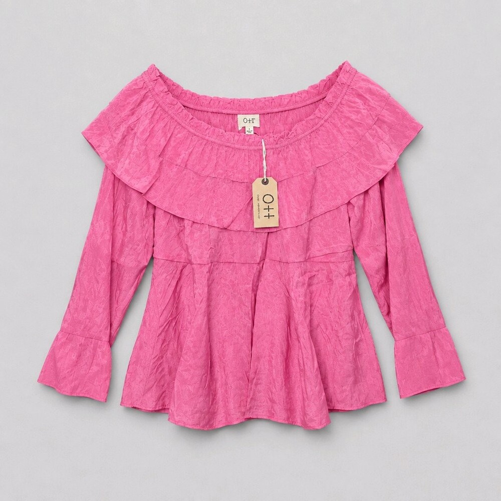 Lime N Chili Fushia Rayon Polyester Blouse Size S Off Shoulder Ruffle NWT